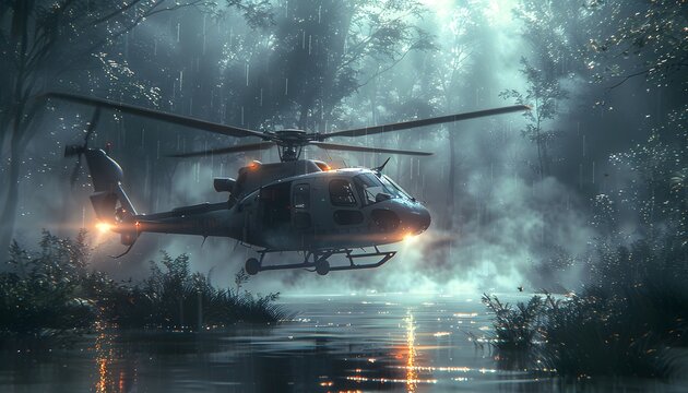 A helicopter flies low over a misty lake in a forest