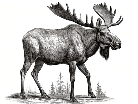 recommend clip art: Black and white Vintage engraved art of a moose isolated on white background, ink sketch illustration, simple vector art design, highly detailed line art, high contrast