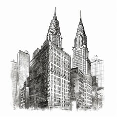 Obraz premium Black and white Vintage engraved art of a Manhattan isolated on white background, ink sketch illustration, simple vector art design, highly detailed line art, high contrasty.