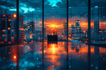 Fototapeta premium Modern Office Interior with Glass Walls and City Lights - Business Meeting Concept