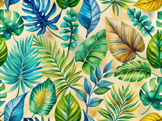 Vibrant watercolor exotic leaves in shades of green, blue, and yellow dance across a calming beige background, evoking feelings of serenity and tropical wonder.