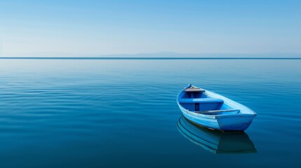 An old wooden boat covered in a fresh coat of vibrant blue paint, floating on a calm sea, evoking a sense of adventure and exploration