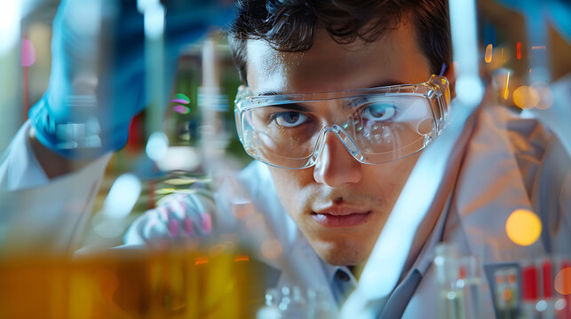 A university student participating in a lab experiment, wearing safety goggles and carefully handling laboratory equipment 