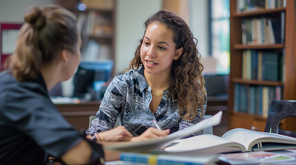A university student receiving help from a professor during office hours, both engaged in a discussion over a textbook 