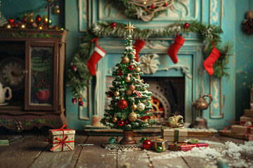 Fototapeta premium Cozy Living Room with Christmas Tree, Festive Decorations, and Holiday Spirit by the Fireplace