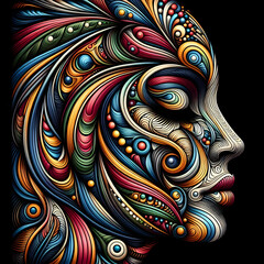 Art pattern of a woman's face on a black background