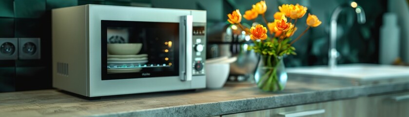 Fototapeta premium A plate of food is cooking in an oven. The food is a mix of vegetables and meat, and it is steaming