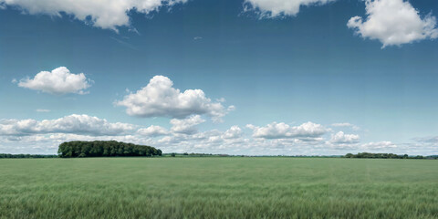 Fototapeta premium green grass field with blue skies and rolling clouds