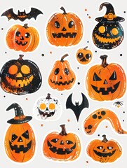 Vibrant Collection of Rhinestone Halloween Stickers Featuring Glittery Pumpkins, Bats, and Spiders on a Stark White Background