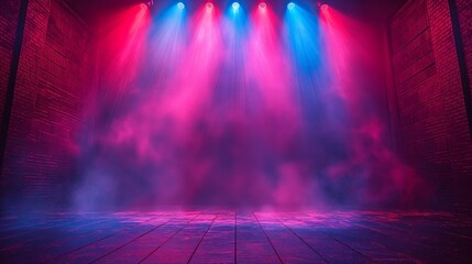 Blue and Purple Colorful stage lights with fog and smoke, setting for concerts and theatrical performances.