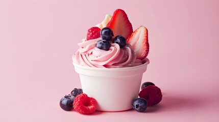 Strawberry frozen yogurt topped with fresh berries, isolated against a pink background