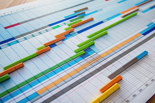 Close-up of a colorful project timeline or Gantt chart with various tasks and milestones highlighted, focusing on key dates and deadlines in a modern office setting.
