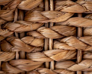 Intricate, woven basket texture, with a close-up focus on the interlacing patterns of natural fibers, earthy tones