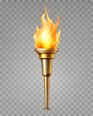 Realistic 3D golden Olympic torch with flame isolated on a transparent background.