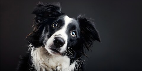 Fototapeta premium Border collie dog sitting and tilting its head, looking at the camera with a cute, inquisitive face