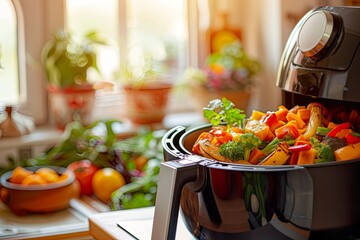 Air Fryer with Basket of Roasted Vegetables