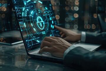 Cybersecurity expert working on a laptop with a digital lock icon overlay, emphasizing protection and data security