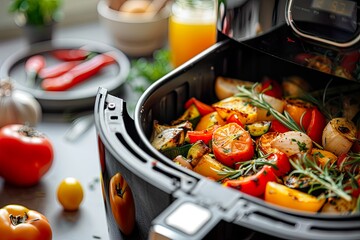 Air Fryer with Basket of Roasted Vegetables