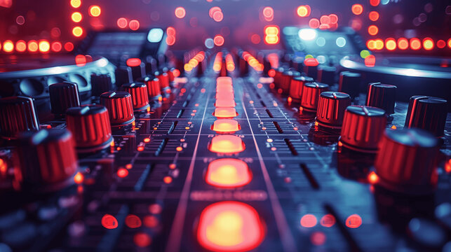 DJ console red glowing control panel night close-up club neon lights music shallow depth of field