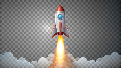 Cartoon-style rocket launching with fire and smoke isolated on a transparent background.