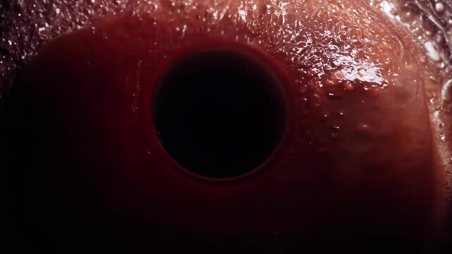 Extreme close-up: Dilated pupil dominates frame, surrounded by rich red iris. Textured skin and moisture visible. Stark lighting emphasizes eye's intricate details. 