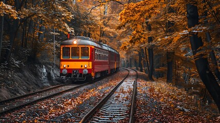 Fototapeta premium Autumn nature train and bright trees multicolored leaves on trees