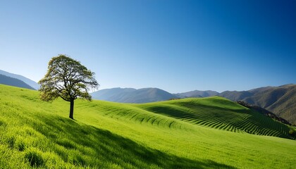 A scenic summer landscape with rolling green hills, a farmhouse nestled amongst trees, and fluffy clouds drifting across a blue sky