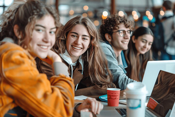 Multiracial university students collaborating with laptops and notes in the university canteen - Happy group study in college