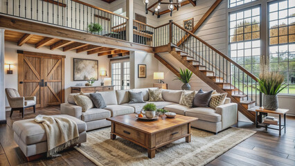 Cozy modern farmhouse living room with wooden staircase, rustic barn doors, and plush sectional sofa surrounded by natural light and elegant decor accents.