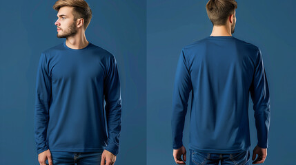 Blue long sleeved t-shirt mock up, front and back view, isolated. Male model wear plain navy blue shirt mockup. Long sleeve shirt design template. Blank tees for print 