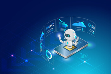 AI chat robot analyzing business graph chart data on smart phone. Artificial intelligence technology revolution and development, machine learning. Implement of robotic science research in business.