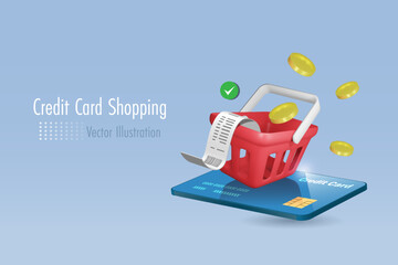 Shopping basket and bill receipt on credit card. Online shopping with secure money protection. Money spending, online banking financial service. 3D vector.