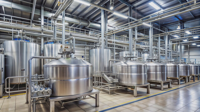 Massive stainless steel storage and processing tanks dominate the clean and organized interior of a modern dairy plant, showcasing industrial scale milk production efficiency.