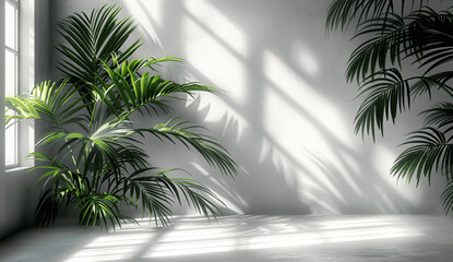 Fototapeta premium Minimal Abstract Light Blue Background for Product Presentation with Shadows of Palm Leaves and Curtains on Plaster Wall