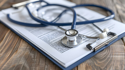 Stethoscope head placed on a medical form atop a clipboard pad, featuring ample copy space and highlighting a professional and precise clinical environment