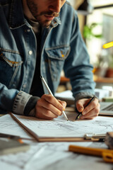Focused Designer Sketching on Paper at Desk in Studio with Natural Light