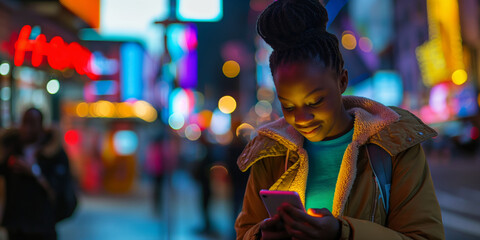 Obraz premium Woman Using in Vibrant City Night Lights