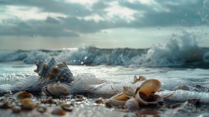 A beachcomber searches for washed-up treasures and seashells after coastal storms and turbulent seas during bad weather, exploring the shoreline and discovering natural artifacts