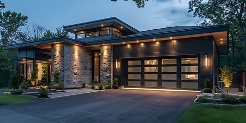 Obraz premium 3d rendering of modern cozy house with garage and pool for sale or rent with wood plank facade. Clear summer night with many stars on the sky.