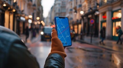 A blue phone displaying a map app, with a person navigating through a busy street. The phone's vivid blue color stands out, symbolizing reliability and ease of navigation in any environment.