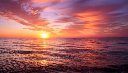 Obraz premium Fiery orange sun dips below the horizon, casting long reflections across the rippling ocean waves