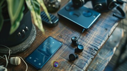 A blue phone placed next to a set of wireless earbuds on a wooden table, with music playing on the screen. The setup conveys a sense of relaxation and enjoyment of one's favorite tunes