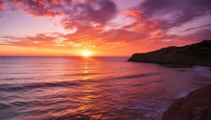 Obraz premium Fiery orange sun dips below the horizon, casting long reflections across the rippling ocean waves