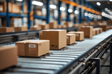 Cardboard Boxes on Conveyor Belt in Warehouse Industry Close-Up