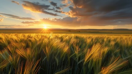 Fototapeta premium A field of grass with a bright orange sun in the sky. The sun is setting and the sky is filled with clouds