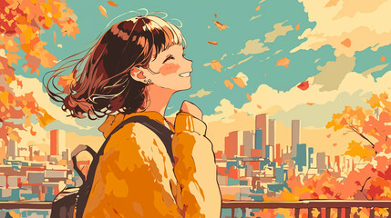 秋の公園を散歩する女性