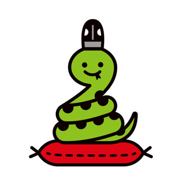 recommend clip art: かわいいヘビのイラスト素材。座布団に座った、漫画風のヘビの和風アイコン。