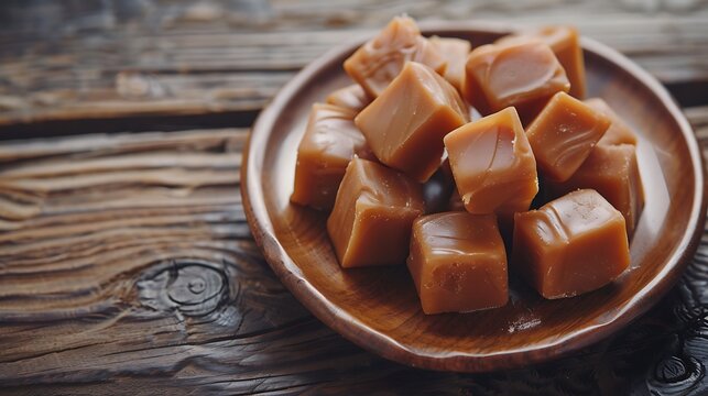Caramel fudge candies on a plate wooden background
