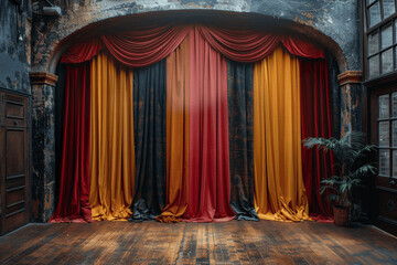 Vintage Theater Stage with Red and Yellow Curtains and Wood Floor