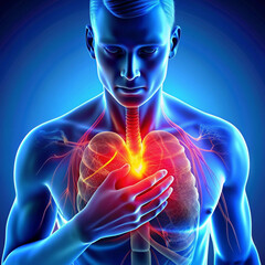 A man holding his chest, with an artistic representation of a glowing heart with veins, symbolizing chest pain or heart health issues